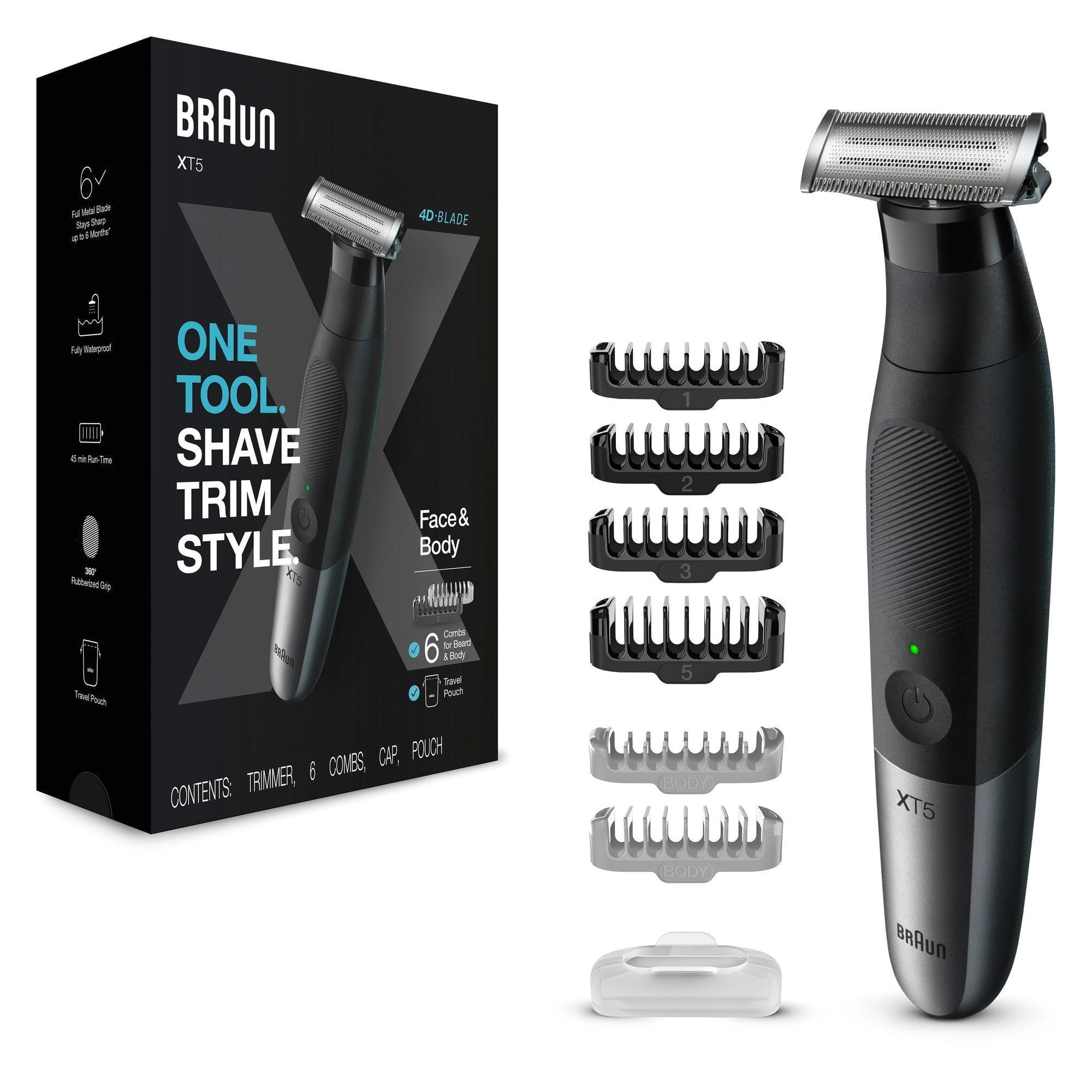 Braun Series XT5200 Barttrimmer, Elektrischer Rasierer, Bodygrooming für Herren, inkl. 6 Aufsätze und Reisebeutel