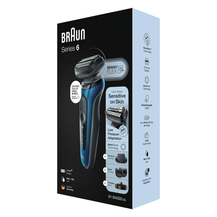 Braun Series 6 61-B4500cs Nass- und Trockenrasierer mit Ladestation und EasyClick-Aufsatz, blau